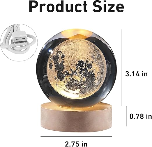 3D Moon Crystal Ball Planet Crystal Ball Night Light with Warm White Dimmable LED Wooden Base - Decorative LED Lamp for Home, Office, Bedroom, and Gift Giving