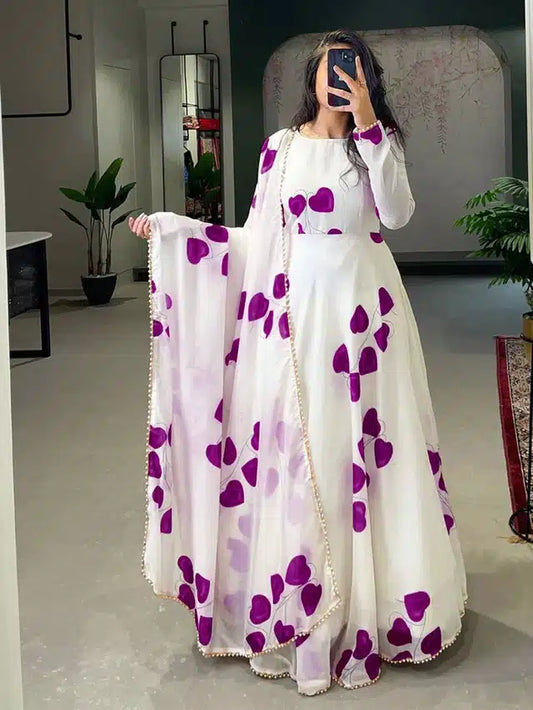 Georgette Printed Gown with Dupatta for Women (Purple & White, XXL)